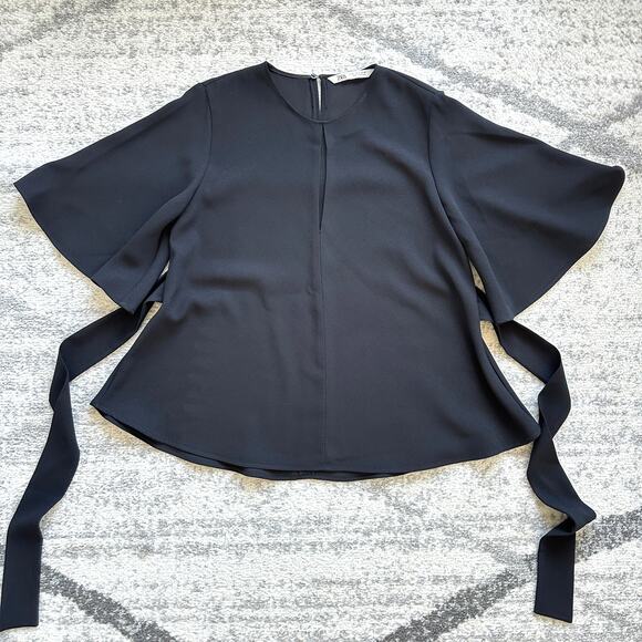 Zara Black Flowy Top Blouse Tie Bow Bell sleeves Size S - Picture 11 of 12